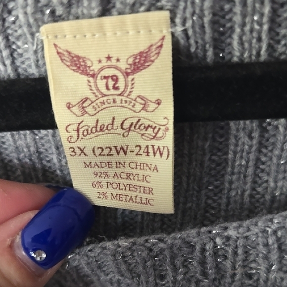 Faded Glory Gray Crew Neck Sweater with Cable Knit Design - Picture 2 of 8